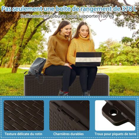 Coffre Rangement Extérieur COSTWAY 378 L – Résine HDPE Imperméable, Couvercle Verrouillable, Banc/Table – Pour Jardin, Terrasse, Garage