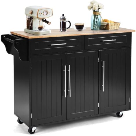 Costway – Desserte de cuisine à roulettes – Chariot de service imperméable en bois – 2 tiroirs – 3 tablettes réglables – 4 roulettes avec freins – 122 x 46 x 93 cm – Noir