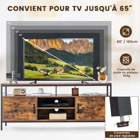 COSTWAY Meuble TV Industriel, Meuble Télé AVCE 2 Placards à Porte et 4 Compartiments, Meuble pour TV jusqu'à 65 Pouces pour Salon, Chambre, Salle, Marron Rustique, 147 x 40 x 62 cm,Capacité de charge 
