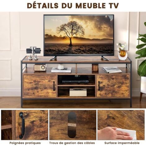 COSTWAY Meuble TV Industriel, Meuble Télé AVCE 2 Placards à Porte et 4 Compartiments, Meuble pour TV jusqu'à 65 Pouces pour Salon, Chambre, Salle, Marron Rustique, 147 x 40 x 62 cm,Capacité de charge 