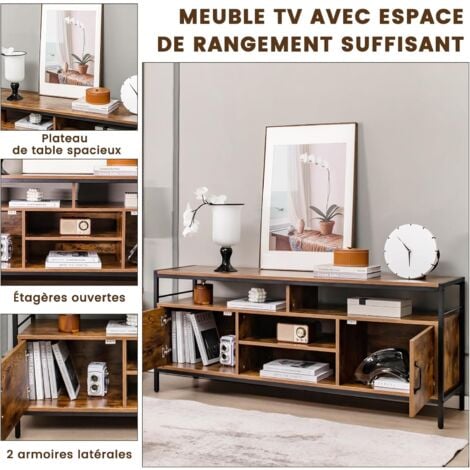 COSTWAY Meuble TV Industriel, Meuble Télé AVCE 2 Placards à Porte et 4 Compartiments, Meuble pour TV jusqu'à 65 Pouces pour Salon, Chambre, Salle, Marron Rustique, 147 x 40 x 62 cm,Capacité de charge 