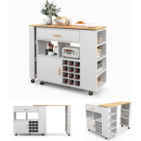 Costway – Desserte de cuisine sur roulettes – Plans de travail en bois d'hévéa – Étagère réglable – Casier à vin 12 bouteilles – Dimensions 120x40x100 cm – Blanc - Cuisine2