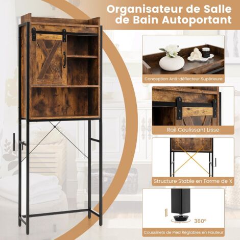 Meuble WC meuble dessus toilettes style cosy dim. 60L x 23l x 173H cm  portes à lattes étagère bambou MDF aspect bois clair