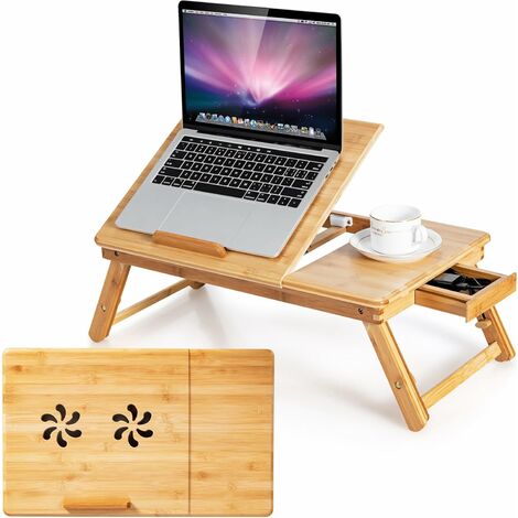 Bureau de lit en bambou, plateau de service pour petit-déjeuner, support  pour ordinateur portatif, table multifonction avec tiroir de rangement  supérieur inclinable (naturel)