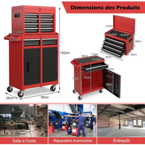 Chariot à outils multifonction 6 tiroirs avec roulettes, acier, plateau inox, rouge et noir