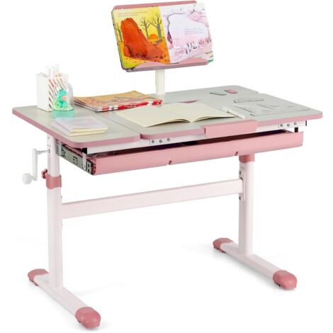 COSTWAY Bureau Enfants avec Réglable en Hauteur (51-73 cm) & Plateau Inclinable(0-60°), Table d'Etude Ergonomique avec Support de Livre & Tiroir, Charge 80kg pour Enfants de 3-12 Ans Rose