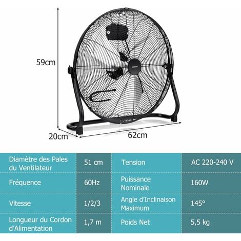 Ventilateur de Sol 51 cm à 3 Vitesses 160W Ventilateur Industriel