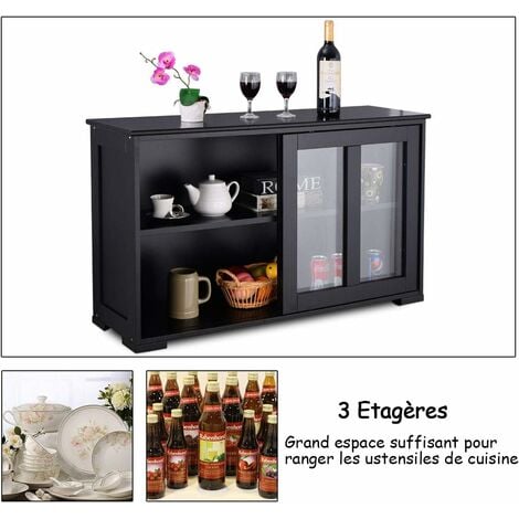 COSTWAY Buffet de Cuisine avec Porte Coulissante en Verre, Meuble Rangement avec 2 Etagères en MDF pour Cuisine Chambre Salon, Noir