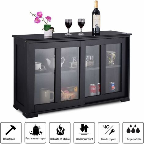 COSTWAY Buffet de Cuisine avec Porte Coulissante en Verre, Meuble Rangement avec 2 Etagères en MDF pour Cuisine Chambre Salon, Noir