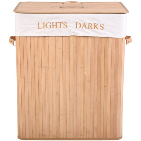 Panier à linge 105l bambou naturel 2 compartiments en tissu panier de rangement pour les vêtements