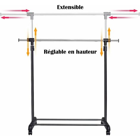 Yaheetech Portant Vêtements Réglable Avec Roulettes - Penderie Télescopique 90kg - Noir Chromé - Espace Rangement Chaussures