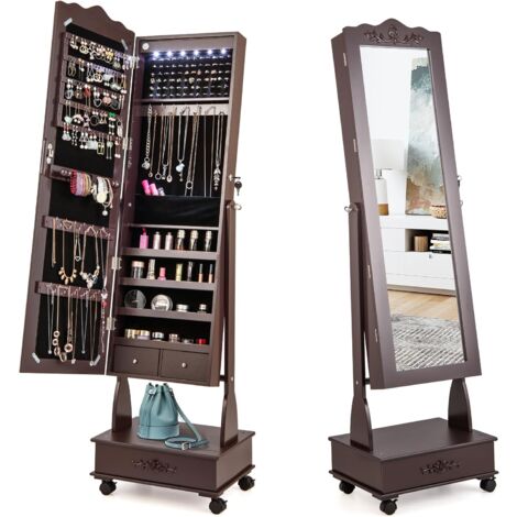 COSTWAY Armoire à Bijoux à Roulettes, Organisateur de Bijoux Verrouillable Réglable à 3 Positions, Tiroirs, Miroir Pleine Longueur pour Salon, Chambre (Marron) (1/5)