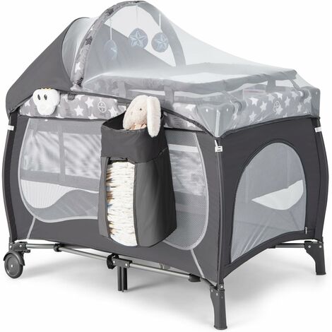 Costway – Lit parapluie bébé 5 en 1 avec matelas et moustiquaire – Table à langer amovible – Sac de transport – Jouets suspendus et boîte à musique – Gris