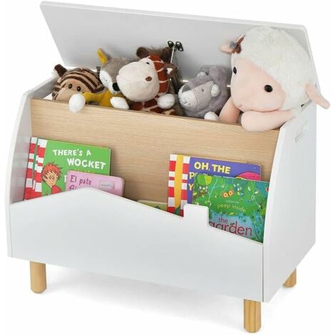 Costway – Coffre à jouets en bois 60 x 30 x 44 cm – Charnière de sécurité – Étageres de présentation – Capacité 20 kg – Salle de jeux enfants blanc