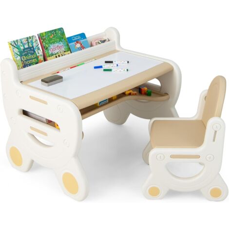COSTWAY Table à Dessin et Chaise pour Enfants avec 5 Stylos & Gomme, Bureau Enfants en Forme Mignon avec Espace de Rangement Caché, Charge 30/50kg, Chevalet pour Enfants de 3-8 Ans (Marron)
