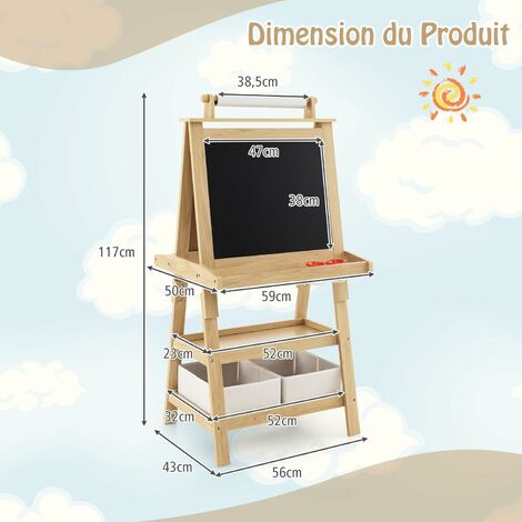Chevalet Enfants 3 En 1 DREAMADE – Tableau Magnétique Double Face Noir/blanc, Hauteur Réglable, Rangement Intégré