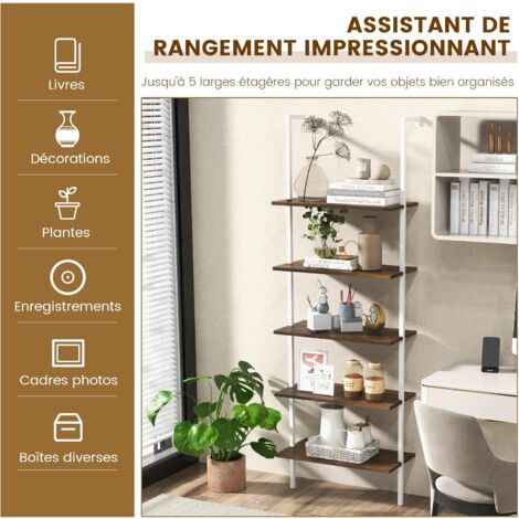 COSTWAY Étagère Échelle Bibliothèque 5 Niveaux avec Cadre Métallique, Étagère de Rangement Montage Incliné Style Industriel pour Salon Chambre Bureau(Blanc+Marron)
