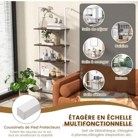 COSTWAY Étagère Échelle Bibliothèque 5 Niveaux avec Cadre Métallique, Étagère de Rangement Montage Incliné Style Industriel pour Salon Chambre Bureau(Blanc+Marron)