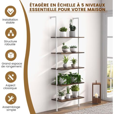 COSTWAY Étagère Échelle Bibliothèque 5 Niveaux avec Cadre Métallique, Étagère de Rangement Montage Incliné Style Industriel pour Salon Chambre Bureau(Blanc+Marron)