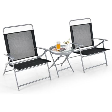 COSTWAY Salon de Jardin 3 Pièces pour Patio Cadre Métallique avec Table Basse en Verre Trempé, Ensemble de Chaises et Table Pliantes Portables pour Porche Cour, 70 x 68 x 90 cm (1/5)