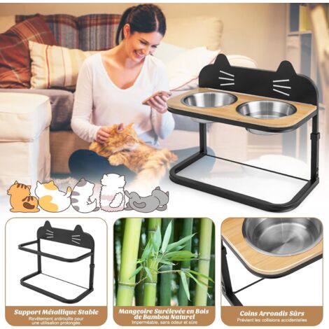 Gamelle Surélevée Pour Chat à 3 Bols - Support En Bois Réglable, Bols Inox - Ergonomique, Anti-vomi - Pour Chat Et Petit Chien