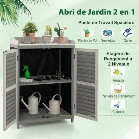 COSTWAY Armoire Jardin Bois, Armoire Exterieur Avec Plan De Travail En Métal, 3 Crochets, Etagères Amovibles, Portes à Persiennes, Table De Rempotage, Meuble Exterieur Rangement