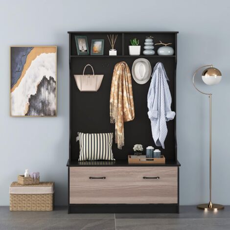 GIANTEX Porte-Manteau Avec Banc à Chaussures,5 Crochets Et 4 Compartiments, Meuble D'Entrée Pour Vestiaire-Salon,100x40x160 Cm,Noir - Maison