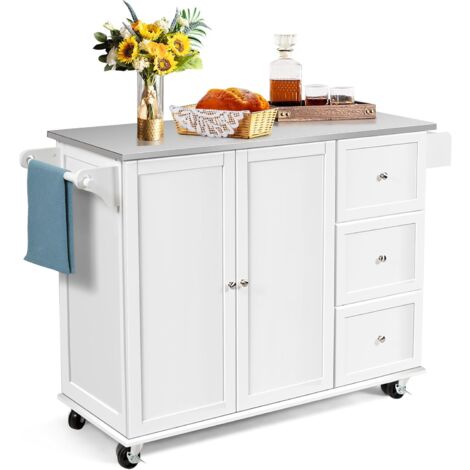 Costway – Desserte de cuisine sur roulettes – Îlot central en acier inoxydable – 3 tiroirs – Armoire à 2 portes – Étagères réglables – Support à épices