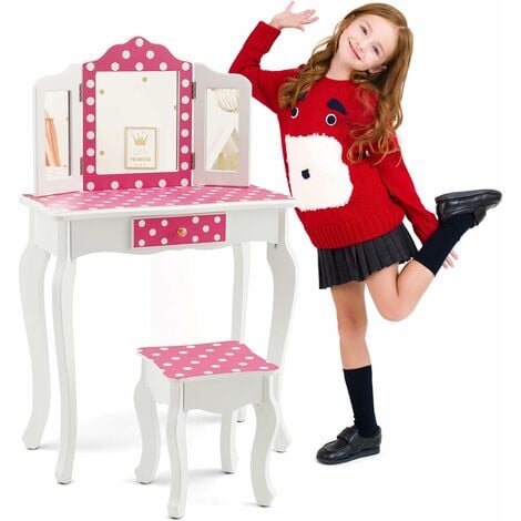 HOMCOM Coiffeuse enfant table de maquillage meuble jeu enfant fille  tabouret inclus miroir avec motif de licorne tiroir MDF rose