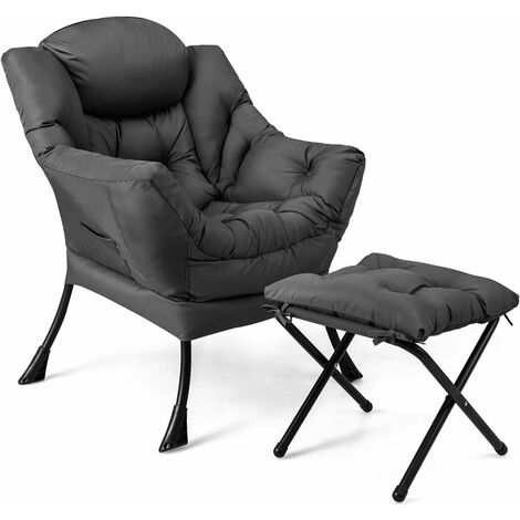 Costway – Fauteuil relax avec repose-pieds et coussin – Tissu polyester respirant – Cadre métallique robuste – Charge 150 kg – Poche latérale pratique
