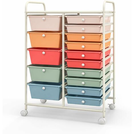 COSTWAY Chariot de Rangement 15 Tiroirs en PP Empilables Amovibles, Tour de Rangement à Roulette, Cadre en Métal, pour École, Bureau, 63x37x87cm, Coloré+Blanc (1/5)