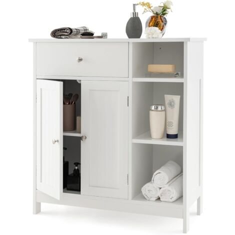 Costway – Armoire de salle de bain sur le sol 75x30x80cm – 1 tiroir, 2 portes, étagère réglable – MDF blanc, sécurité anti-basculement (1/5)