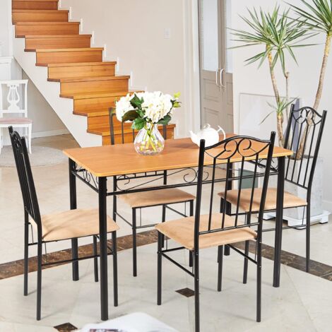 Table à Manger 109x48x75 Cm Avec 4 Chaises - Plateau Hêtre, Cadre Métal Noir - Ensemble Cuisine/salle à Manger