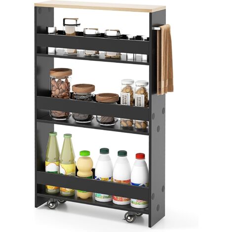 Costway – Chariot de rangement à roulettes pour cuisine – Desserte 4 niveaux 47,5 x 13 x 80,5 cm – Bois d'ingénierie et métal – Roues invisibles et verrouillables