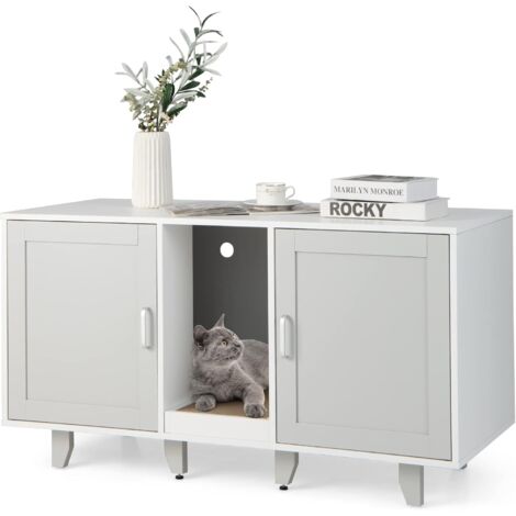 Costway – Maison de toilette pour chat avec double portes – Meuble à litière en bois gris – Griffoir intégré – Dimensions 120 x 52 x 65 cm