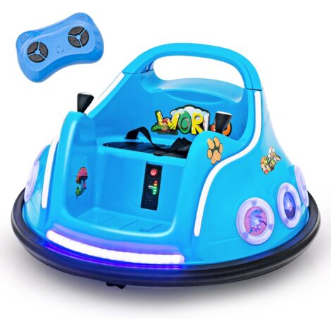 COSTWAY 12V Auto Tamponneuse Électrique Enfants avec Télécommande 2,4G, Voiture Tournante Bébé 360°avec Lumières Clignotantes & Musique, Motif d’Animé, Charge 30kg pour Enfants de 3-8 Ans (Bleu)