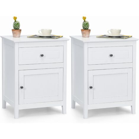 COSTWAY Lot de 2 Table de Chevet avec Tiroir, Table de Nuit avec Placard et Pieds en Bois Massif pour Chambre, Salon, Bureau, 48 x 38 x 63,5 cm (Blanc) (1/5)