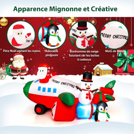 COSTWAY Décoration Gonflable de Noël de 280 cm, Père Noël Gonflable en Hélicoptère avec Lumières LED Intégrées Bonhomme de Neige Pingouin et Boîte-Cadeau, pour Intérieur/Extérieur