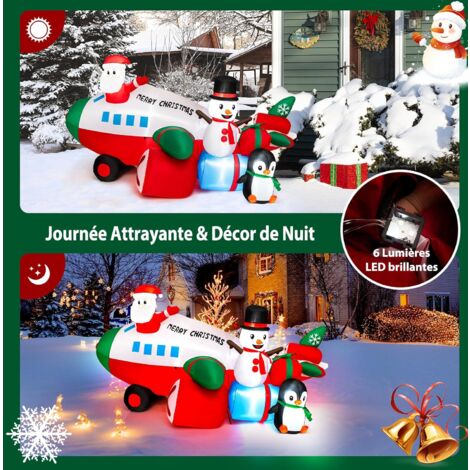 COSTWAY Décoration Gonflable de Noël de 280 cm, Père Noël Gonflable en Hélicoptère avec Lumières LED Intégrées Bonhomme de Neige Pingouin et Boîte-Cadeau, pour Intérieur/Extérieur
