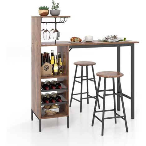 COSTWAY Table Haute Cuisine avec Tabouret, Mange Debout Industriel avec Porte-Verre Porte-Bouteilles, Table Bar avec Tabouret 2 Personnes Compact pour Cuisine Salle à Manger Salon Bistro, Brun rustiqu