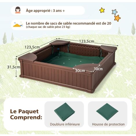 Bac à Sable Enfant en Bois 115 x 115 x 121 cm avec Toit Réglable Boite de  Rangement et Banc Spacieux Parfait pour Jardin - Costway