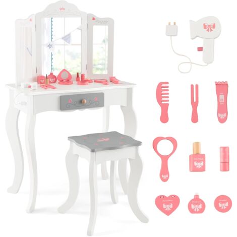 COSTWAY 2 en 1 Coiffeuse Enfants avec Tabouret & Miroir Détachable à 3 Volets, Table de Maquillage en Motif Couronne avec 10 Jouets d'Habillage, Tiroir Pratique, Charge 50kg pour Enfants de 3 Ans+ (1/5)