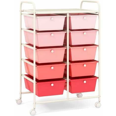 COSTWAY Chariot de Rangement 10 Tiroirs en PP, Tour de Rangement, Cadre en Métal, Desserte Meuble Tiroir pour École, Salle de Bain, Maquillage, Cuisine, Rose+blanc (1/5)