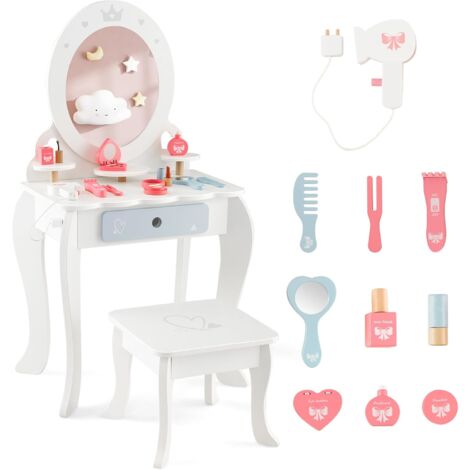 COSTWAY 2 en 1 Coiffeuse Enfants avec Tabouret & Miroir Ovale Amovible, Table de Maquillage en Motif Couronne avec 10 Jouets d'Habillage, Tiroir Pratique, Charge 50kg pour Enfants de 3 Ans+ (Ovale) (1/5)