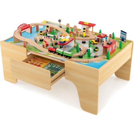 table de jeux en bois avec 2 tiroirs + train en bois et plateau de