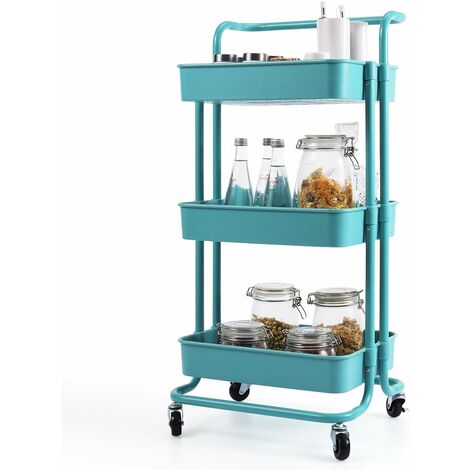 COSTWAY Chariot de Rangement avec 3 Paniers et Poignée, Chariot de Service en Métal Anti-Rouille, Desserte à Roulettes Charge Max. 60KG pour Cuisine, Bureau,Bibliothèque, Salon, 42 x 35 x 87 CM (Bleu) (1/5)