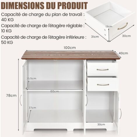 Buffet Bas Blanc 100x40x105 Cm - Meuble De Rangement Cuisine Ou Salon - Montage Nécessaire