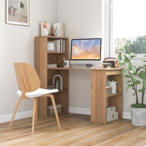 COSTWAY Bureau d'Ordinateur Réversible avec Bibliothèque, Poste de Travail Moderne avec Étagères de Rangement à 6 Niveaux, Assemblage Facile, pour Maison, Bureaux (Naturel)