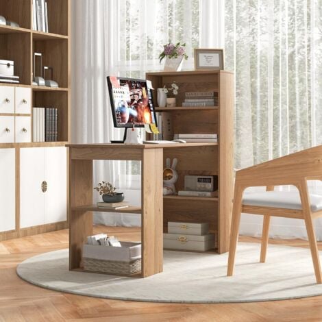 COSTWAY Bureau d'Ordinateur Réversible avec Bibliothèque, Poste de Travail Moderne avec Étagères de Rangement à 6 Niveaux, Assemblage Facile, pour Maison, Bureaux (Naturel)