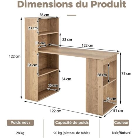 COSTWAY Bureau d'Ordinateur Réversible avec Bibliothèque, Poste de Travail Moderne avec Étagères de Rangement à 6 Niveaux, Assemblage Facile, pour Maison, Bureaux (Naturel)